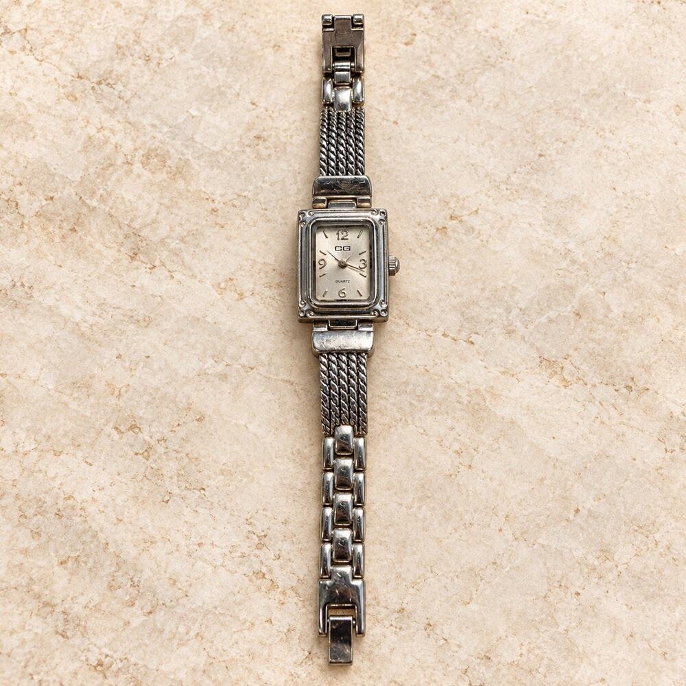 CG Quartz Watch CG231L Silver Tone Twisted Rope Link Band Rectangular Face